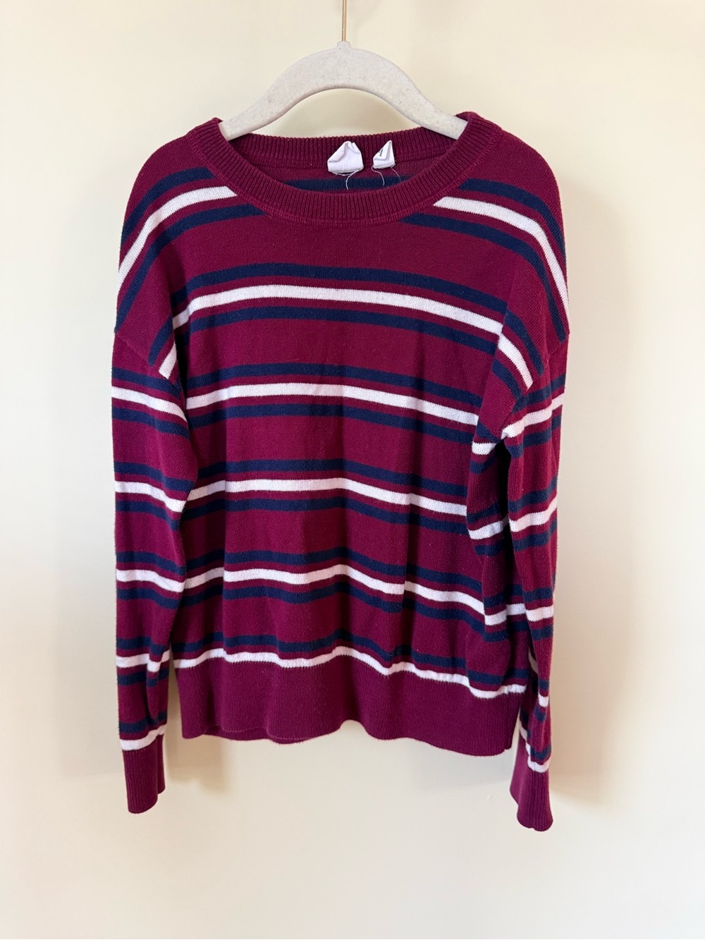 GAP Kids Maroon Striped Crewneck Cotton Sweater with Navy & White